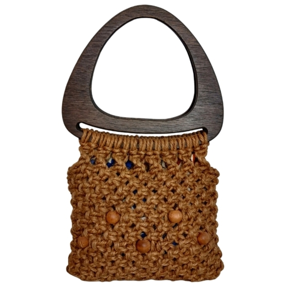 Vintage Handbags - Vintage Boho Tan Handmade Macrame Beaded Wood Handle Purse